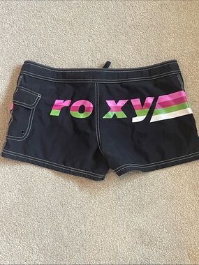 Roxy Black Boardshorts with Pink, Green & White Stripe Logo